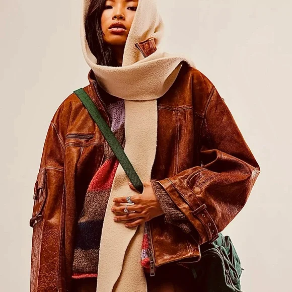 NWT FREE PEOPLE All For You Hooded Scarf In tan/beige/mushroom•extra long &wide - Picture 13 of 16